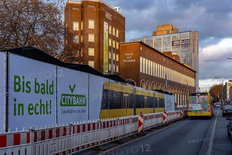 Construction site of the stop at the main train station, for the new city railway, visualization of the full-size tram, a new tram line over 5 km long, which will connect the west of Essen, the new district 51, with the city center, from 2026, Essen, North Rhine-Westphalia, Germany