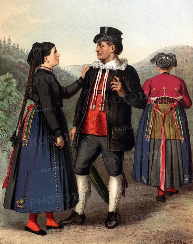 Traditional costumes in Germany around 1820, Baden, Rickesbach, A man and a woman in traditional traditional costume outdoors, surrounded by nature, digitally retouched reproduction of a model from around 1850, by Albert Kretschmer (27 February 1825, 11 July 1891), German painter and costume expert