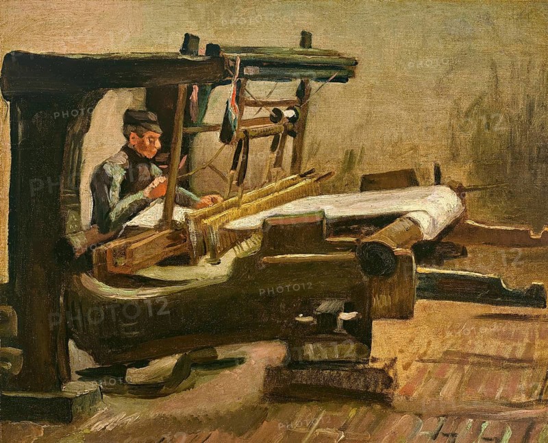 Weaver Facing Right (1884), Weaver at the loom, profile to the right (1884), Painting by Vincent Willem van Gogh (born 30 March 1853 in Groot-Zundert, died 29 July 1890 in Auvers-sur-Oise), Dutch painter and draughtsman, one of the founders of modern painting, Illustration, Reproduction from a painting. Authentic, exact date of the original unknown, Historical, A man working intently at a traditional loom in muted shades of brown