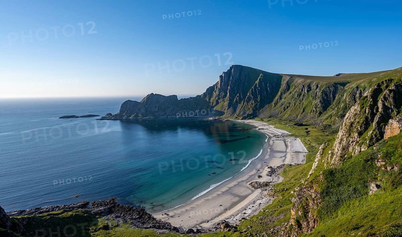View of coastal landscape, cliffs with peak Måtind, Høyvika beach and sea, hike to the peak of Måtind, Andøya island, Vesterålen, Nordland Norway