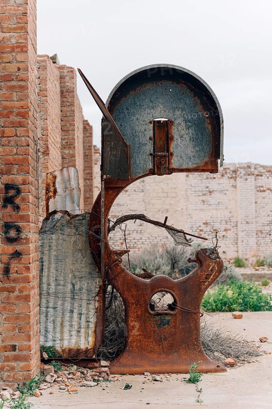 Rusted industrial band saw, abandoned Swift factory, The Swift refrigerator in Puerto San Julián, Puerto San Julián, Santa Cruz Province, Argentina