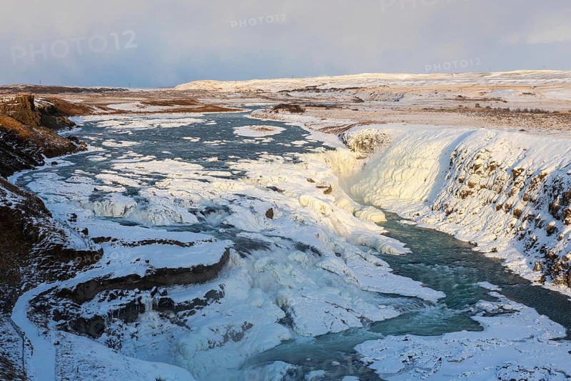 Gullfoss, Hvítá river waterfall, ice, frost, snow, winter, Haukadalur, Iceland, Scandinavia