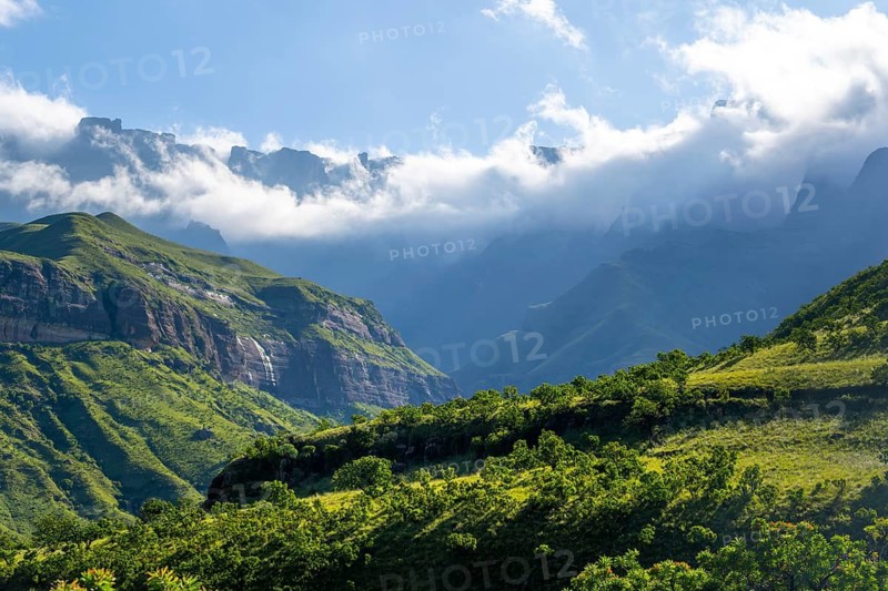 Drakensberg Mountains and Cliffs with Fog, Amphitheatre, Drakensberg National Park, KwaZulu Natal, South Africa