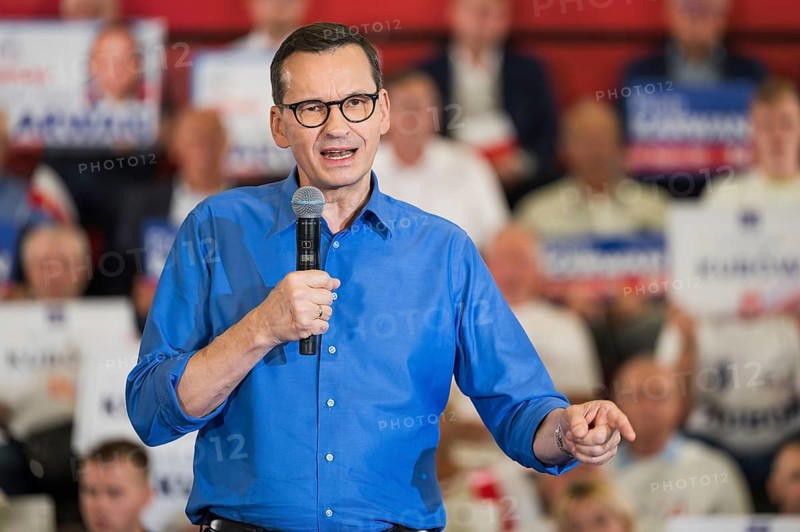LUBIN, POLAND - SEPTEMBER 29, 2019: Prime Minister of the government Mateusz Morawiecki during election meeting with town residents