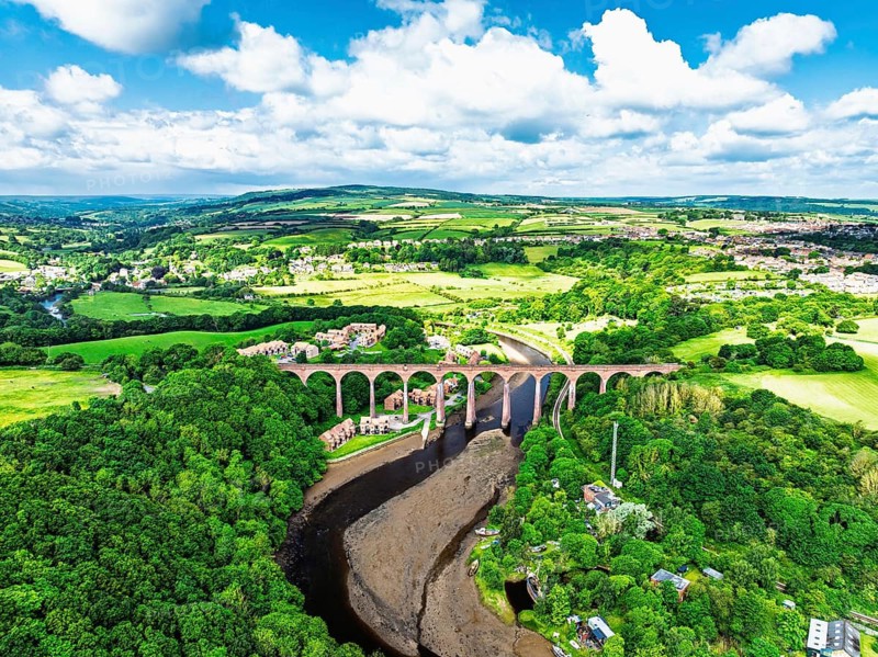 Larpool Viaduct over River Esk and Esk Valley Viaduct from a drone, Whitby, North Yorkshire, England, United Kingdom