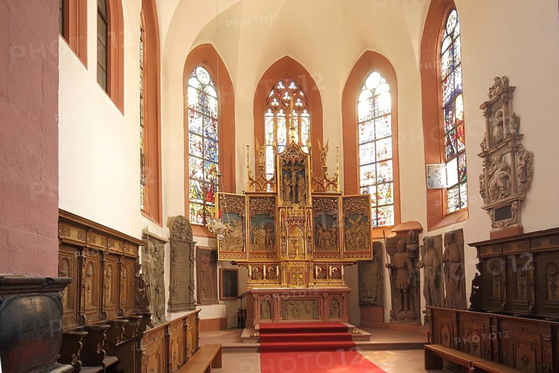 High altar, winged altar, interior view of Gothic St. Michael church, Lohr am Main, Lower Franconia, Franconia, Spessart, Bavaria, Germany