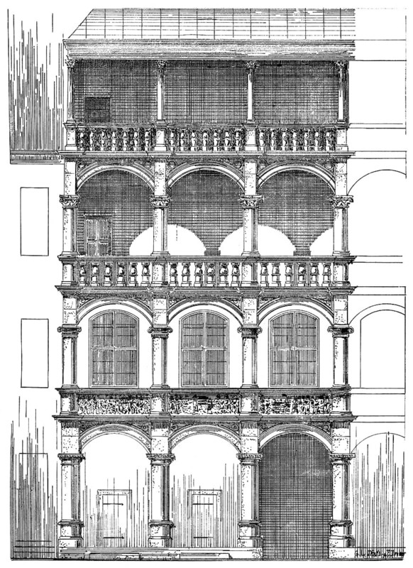Historical architectural illustration from the 19th Century, 1875, facade in the Renaissance style, now destroyed, Dresden, Saxony, Germany, Europe, Historische Architektur-Zeichnung aus dem 19. Jahrhundert, 1875, Hausfassade im Stil der Renaissance, Detail der Bogenhalle, Fassade im Dresdner Schloss, heute nicht mehr vorhanden, Deutschland, Europa