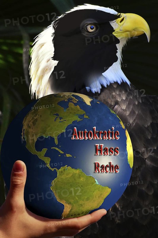 Symbolic image, US eagle heraldic animal, democracy versus autocracy, US democracy in danger, EU and Germany as scapegoats, industry, Donald Trump, tariff threats, Elon Musk, Mark Zuckerberg, social networks, fake news, rights broken, hate, incitement, DSG Digital Services Act, re-election, USA, politics, announcements, vendetta, wanted dictator, Republicans, US electoral system, global danger, lies, 2nd term, global burden, Ukrainian war, storming White House