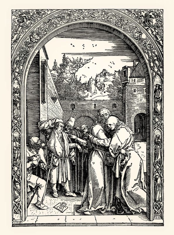 Das Marienleben, Begegnung am Goldenen Tor, Life of the Virgin, Meeting at the Golden Gate, by Albrecht Dürer, 1504, digitally restored