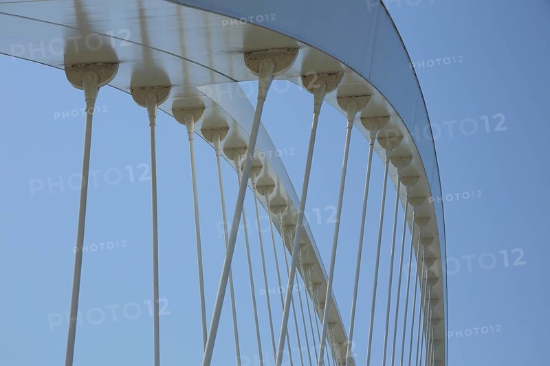Arch of the modern tram bridge Pont Beatus-Rhenanus, arched steel girder with fork heads and metal rods, struts, geometric steel structure, shape, detail, connection, linear, Kehl, Baden-Württemberg, Germany