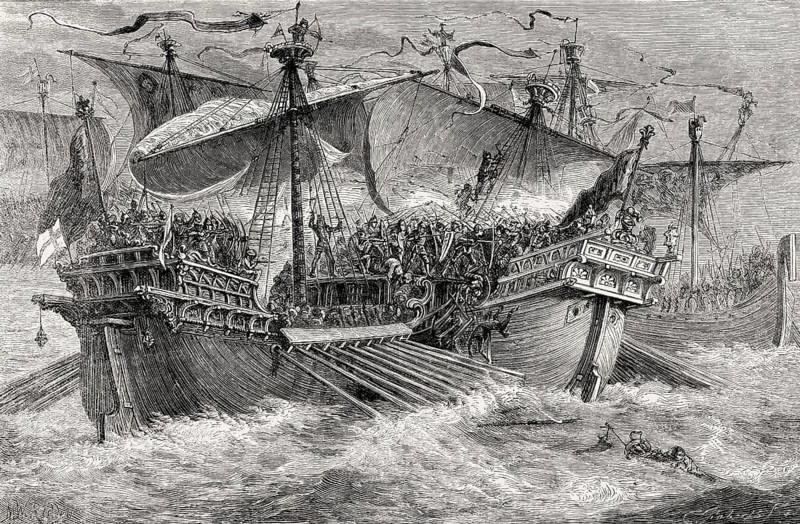 English capturing the French flagship, The Battle of Sandwich, or Battle of Dover, on 24 August 1217, First Barons' War, From British Battles on Land and Sea, by James Grant