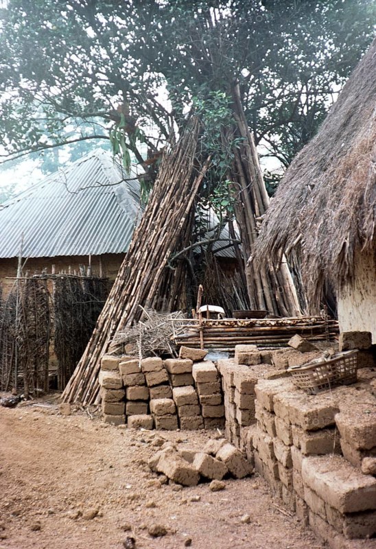 Clay bricks and wooden piles Building materials Roten village, Northern Province, Sierra Leone, Africa 1978