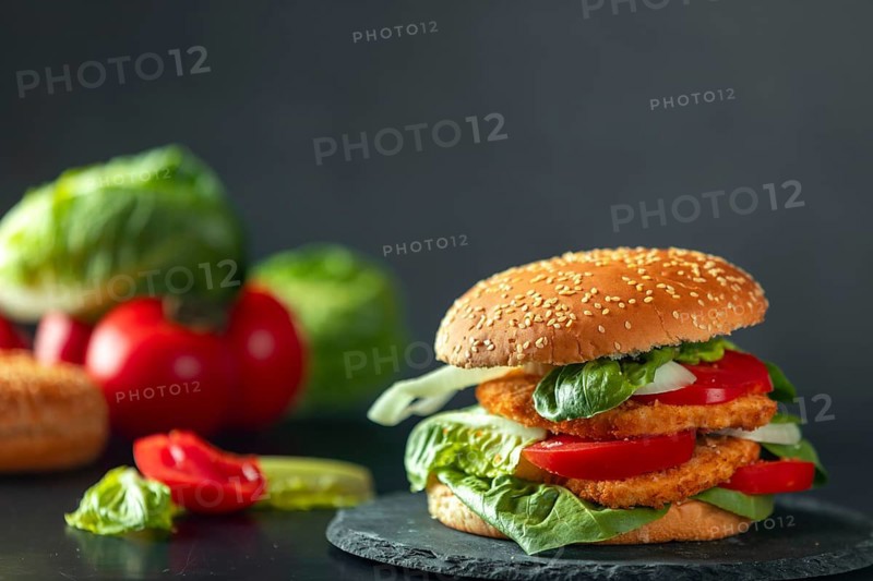 Burger with schnitzel, tomatoes, onions and lettuce, ingredients in the background