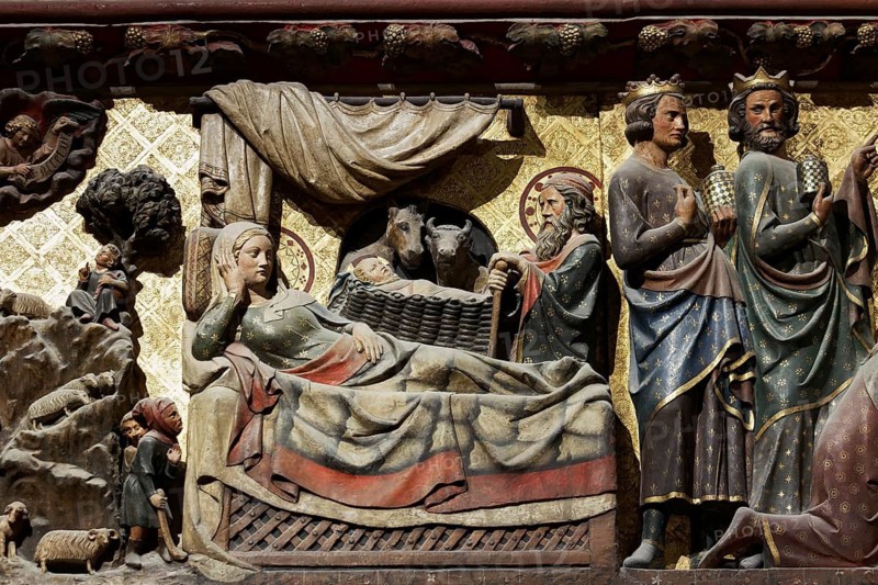 Birth of Jesus in the stable in Bethlehem, carving on the northern choir wall from the 15th Notre-Dame de Paris Cathedral, Paris, France