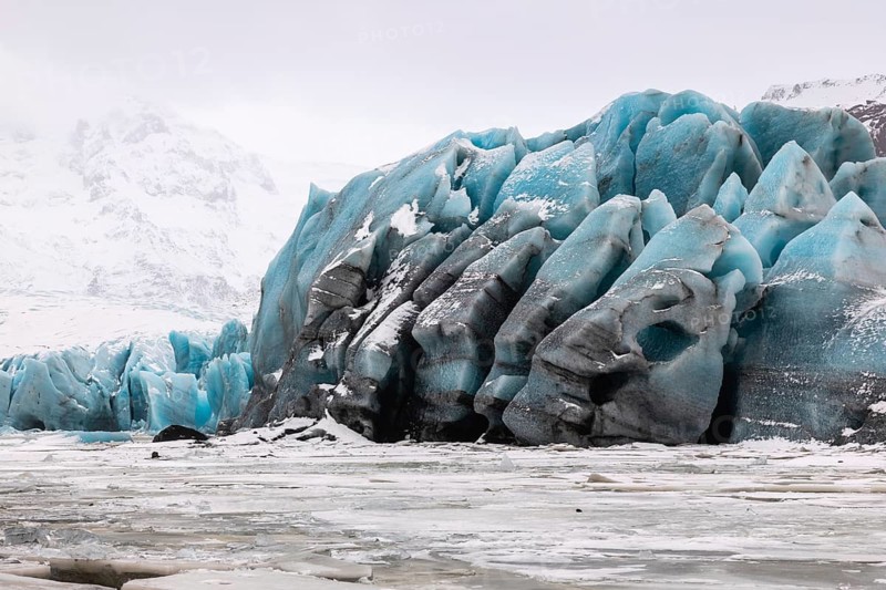 Glacier lagoon, frozen glacial lake, glacier ice, mountain, snow, winter, Svinafellsjökull, Breiðamerkurjökull, Vatnajökull, Iceland, Scandinavia