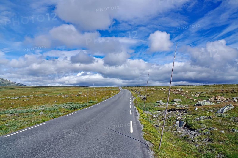 Asphalt road under wide blue sky with clouds nestled in peaceful countryside, Fell, Valdresflyra, Norway