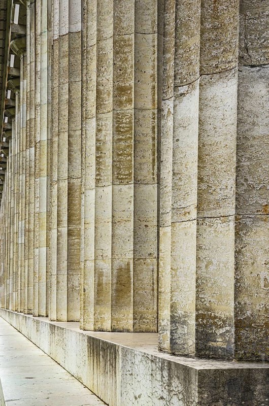 Fluted column structure of the outer columns of the Walhalla Hall of Fame in Donaustauf on the Danube near Regensburg, Bavaria, Germany