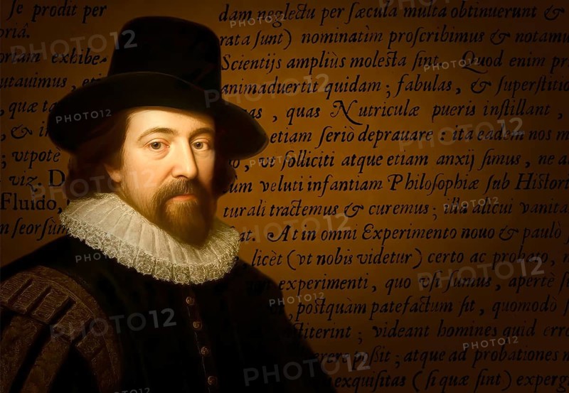 Portrait of Sir Francis Bacon, Baron Baco of Verulam, 1561 - 1626, English lawyer, statesman, essayist, historian, intellectual reformer, philosopher and scientist, title of ‚ Page from ‘Instauratio Magna‘