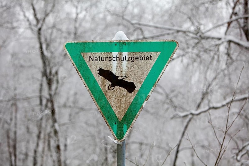 Winter landscape, signboard of the nature reserve Ebbe Mountain Nature Park, Sauerland, North Rhine-Westphalia, Germany