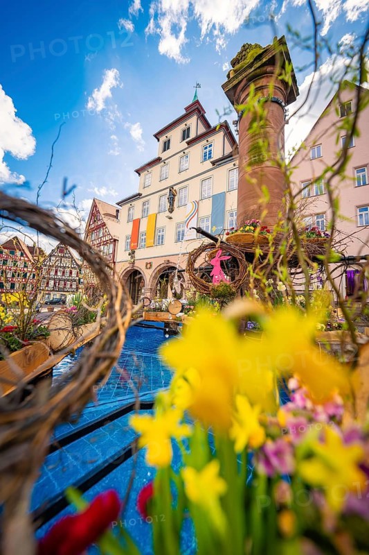 Flowers and wreath decorations on a fountain in front of traditional architecture, Calw, Black Forest, Germany