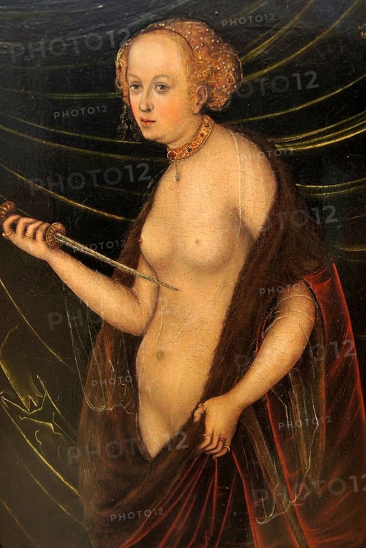 The suicide of Lucretia, Lucretia had been threatened with a sword and raped in her bedchamber by Sextus Tarquinius, the son of the last Roman king Tarquinius Superbus. The next morning she summoned her father and her man Collatinus, reported the atrocity and made the men swear vengeance. Afterwards she killed herself with a dagger, Historical, digitally restored reproduction from an original of the time