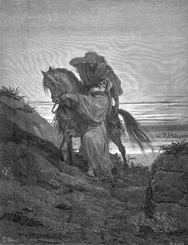 The Good Samaritan, Luke chapter 10, verse 33, Jesus, traveler, Samaria, horse, riding, help, sick, compassion, attack, injury, treatment, medicine, Christian religion, Bible, New Testament, steel engraving Doré, historical illustration 1885