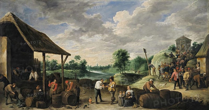 The Grape Harvest, painting by David Teniers (baptised 15 December 1610 in Antwerp, died 25 April 1690 in Brussels), Flemish painter, draughtsman and curator. He was an innovator in a variety of genres such as history painting, genre painting, landscape, portrait and still life. He is most remembered today as the leading Flemish genre painter of his time, reproduction from a 17th century painting. Authentic, file restored for optimal use, exact date of original unknown