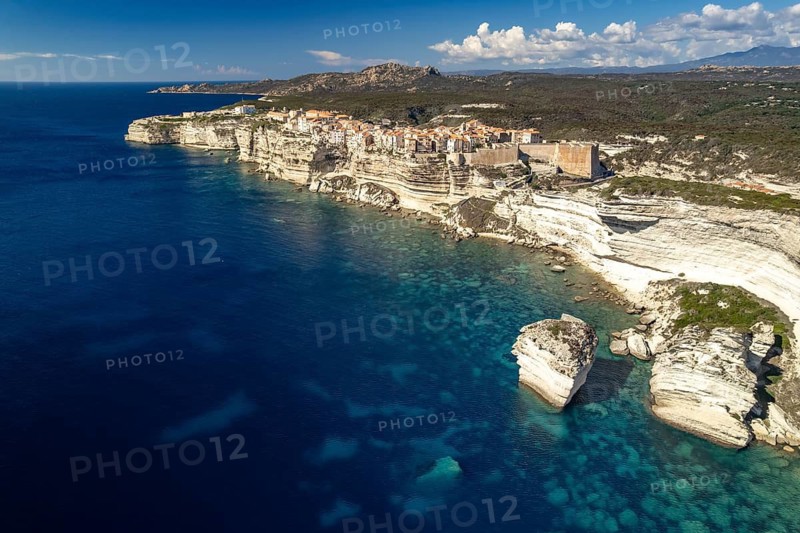 Bonifacio and the cliffs seen from the air, Corsica, France