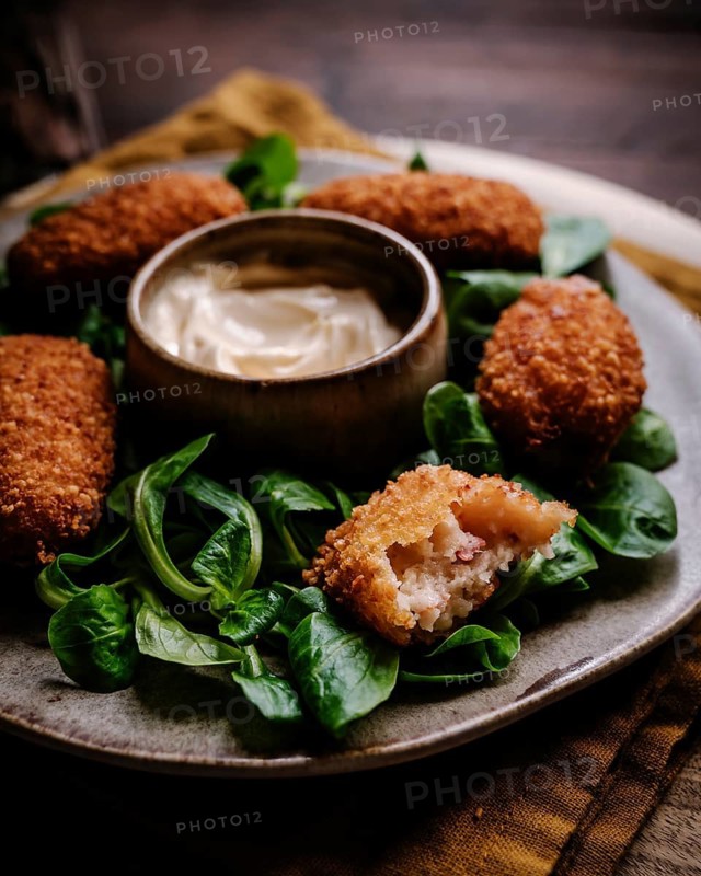 Crispy croquetas with a golden-brown crust served with a creamy dipping sauce, arranged on a bed of fresh green salad leaves on a rustic ceramic plate