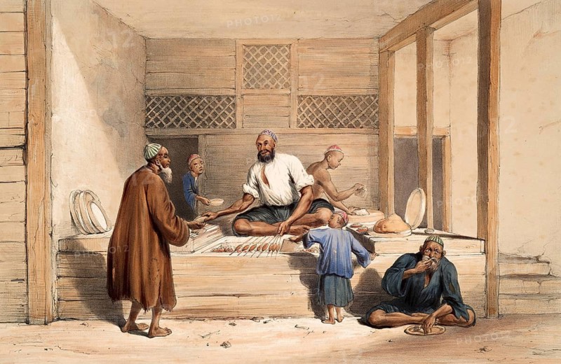 Cabaub shop, oriental street scene with a shop, Kabul, Afghanistan, after an illustration from 1838 by James Atkinson (1780-1852), Illustration, Reproduction from a 19th century model. Authentic, file restored for optimal use, exact date of original unknown, Historical, Traditional bakery with men at work, processing dough in a rustic room