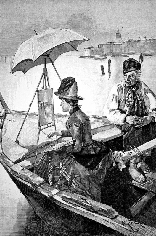 Painter sits in a boat and paints a harbor scene, a fisherman sits next to and critically observes the woman's painting skills, authentic, digitally restored reproduction of a model from the 19th century, exact date of depiction unknown, historical, woman painting under an umbrella on a boat. A man sits next to it, a city on the water in the background