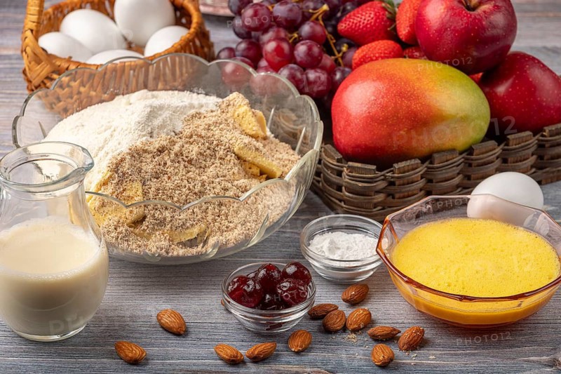 Fresh and dry ingredients for making fruit cake