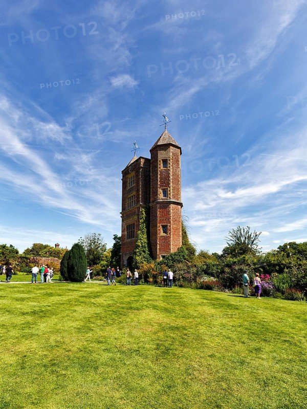 Striking double tower, Sissinghurst Castle and Garden, Cirrus, Cranbrook, Kent, England, Great Britain
