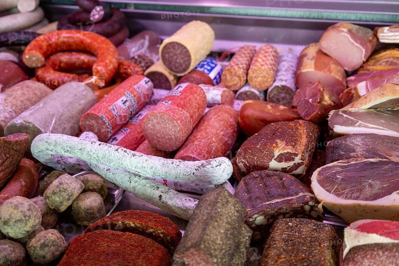 Sausage counter in a butcher shop