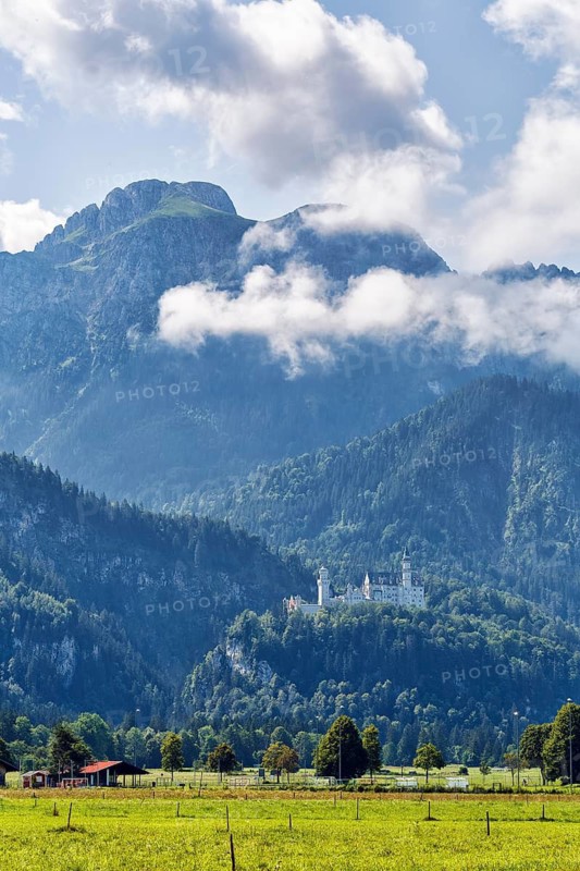 Neuschwanstein Castle in the morning mist, summer, Schwangau, Ostallgäu, Allgäu, Swabia, Upper Bavaria, Bavaria, Germany