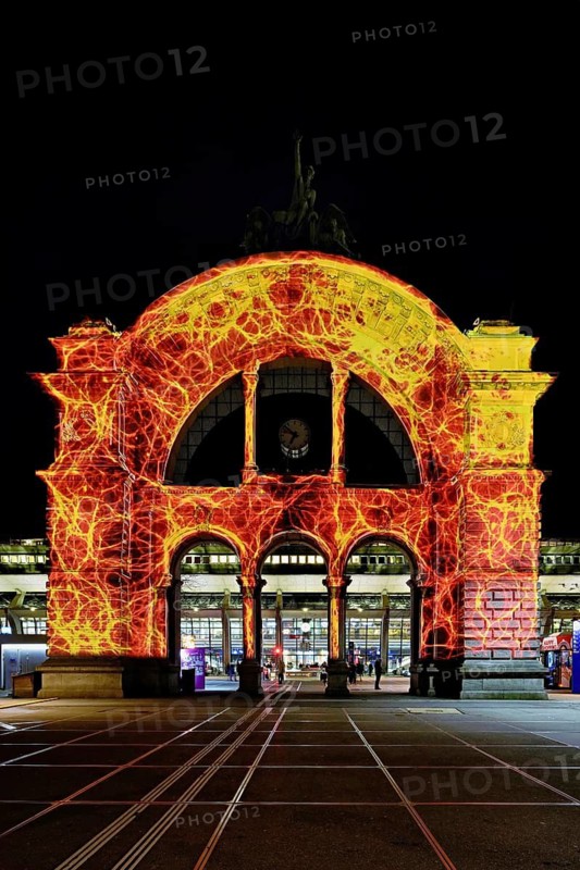 Archway on the station square, light installation at dusk, Lilu, Light Festival 2023, Lucerne, Canton of Lucerne, Switzerland