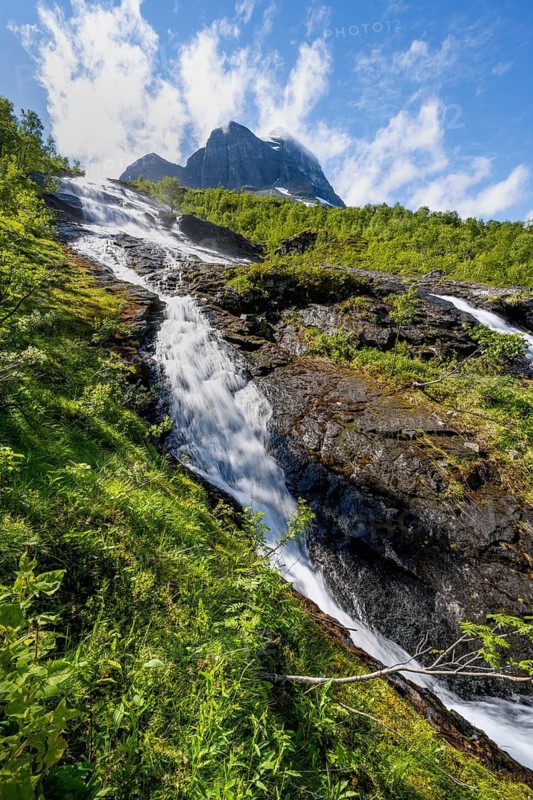 Waterfall on the river Flou between Birkenwald, Innerdalen, Hochtal, Sunndal, Møre og Romsdal, Vestlandet, Norway