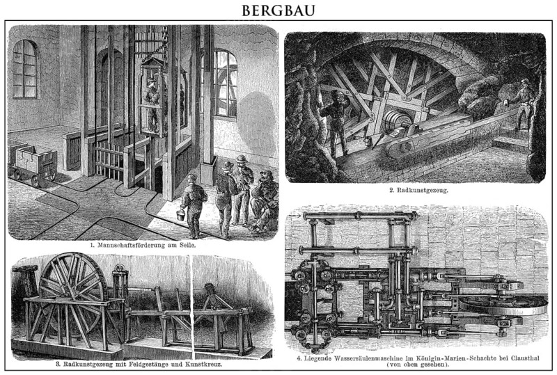 Historic illustration, mining operations in the 19th Century, historische Zeichnung, Bergbau im 19. Jahrhundert