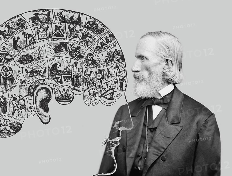 Orson Squire Fowler, 1809 – 1887, American phrenologist with a Phrenological Chart, head with mental and moral faculties