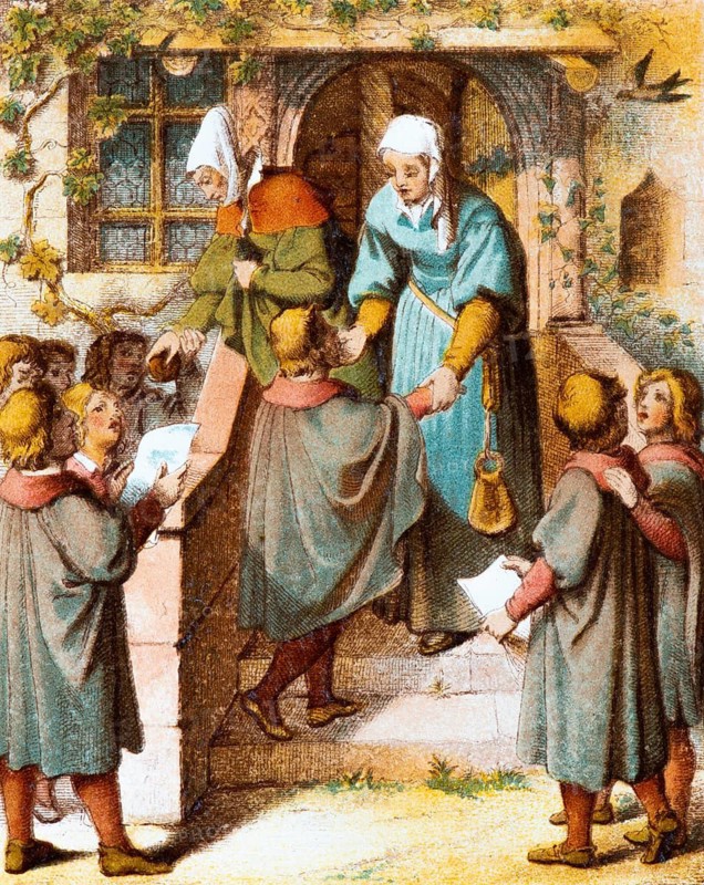 In 1498 Luther sings as a primary school pupil in front of the door of Mrs Ursula Cotta in Eisenach, greeting, singing pupils with sheet music, scene in front of the house, stairs to the front door, vines, children and two woman, stations from Dr Martin Luther's life, coloured illustration ca. 1890