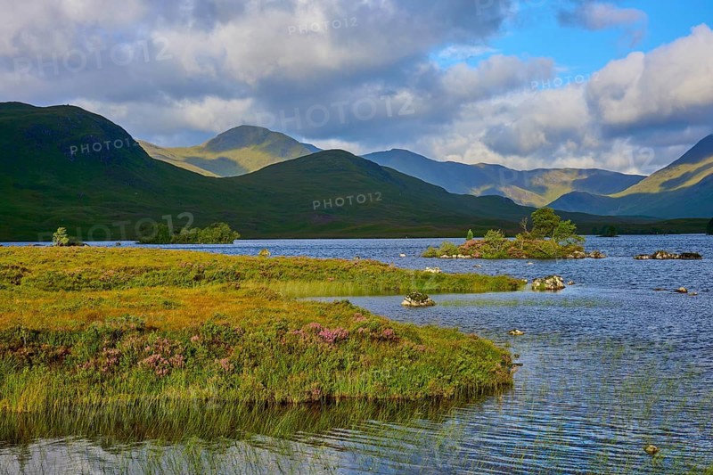 A peaceful lake surrounded by mountains, under a partly cloudy and blue sky, Rannoch Moor, Bridge of Orchy, Scotland, United Kingdom, Great Britain