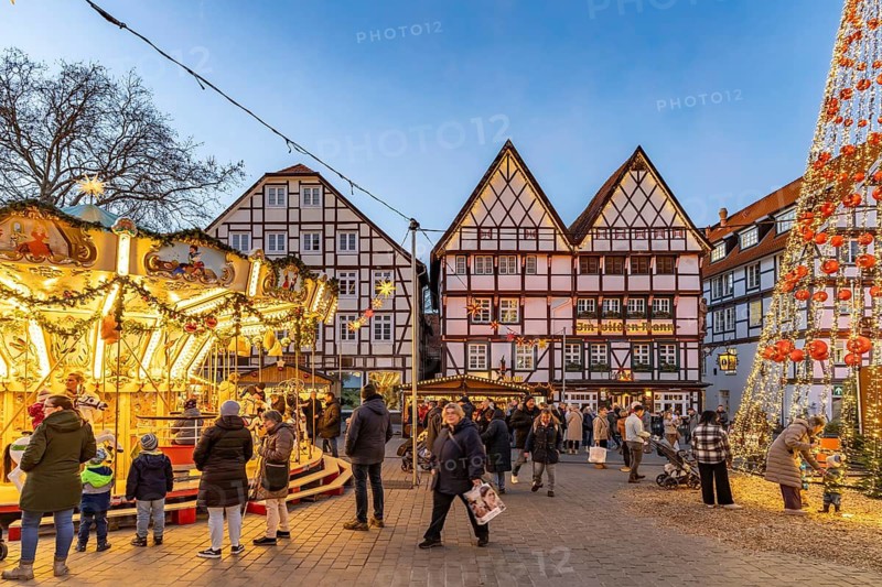 Christmas market and timbering in Soest at dusk, North Rhine-Westphalia, Germany