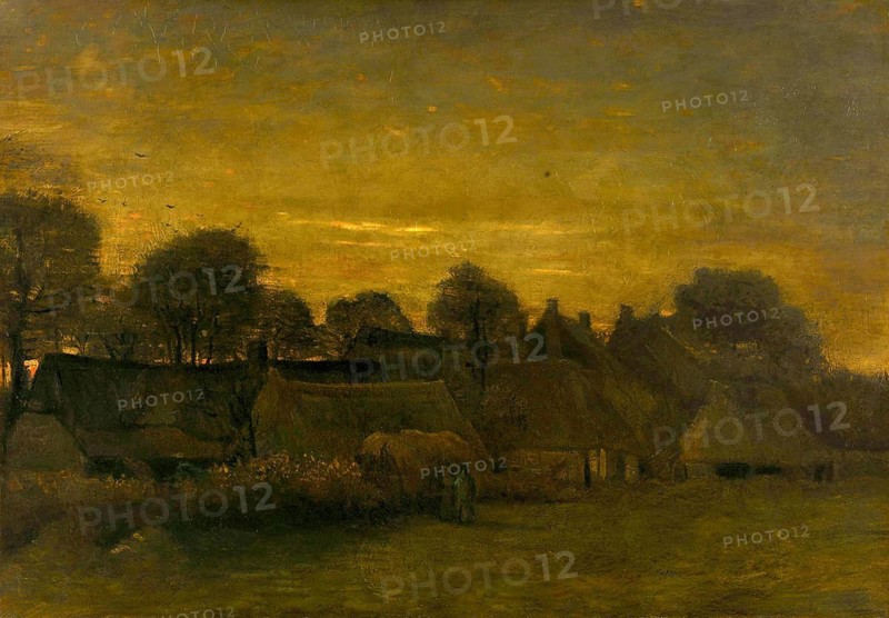 Farming Village at Twilight (1884), Farming Village at Twilight (1884), Painting by Vincent Willem van Gogh (born 30 March 1853 in Groot-Zundert, died 29 July 1890 in Auvers-sur-Oise), Dutch painter and draughtsman, one of the founders of modern painting, Illustration, Reproduction from a painting. Authentic, exact date of original unknown, Historical, Village at dusk with dark huts and trees