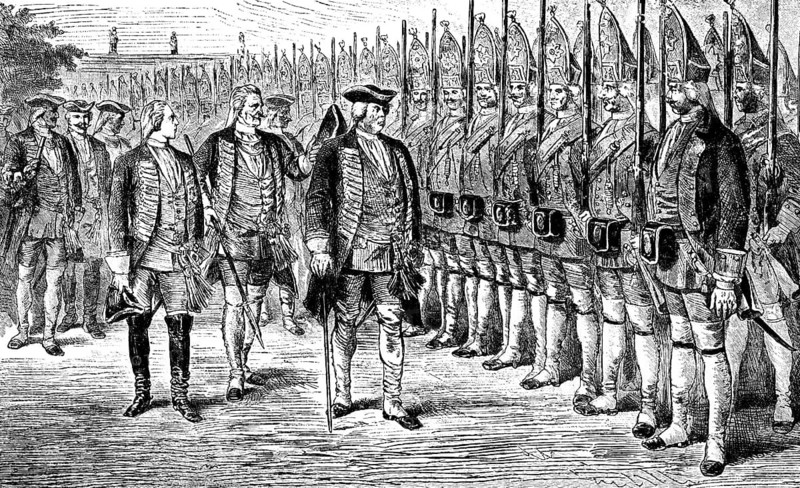 Historische Zeichnung, Friedrich Wilhelm I., König in Preußen, Markgraf von Brandenburg, Kurfürst des Heiligen Römischen Reiches, Soldatenkönig, 1688 - 1740, mit dem Königsregiment, lange Kerls