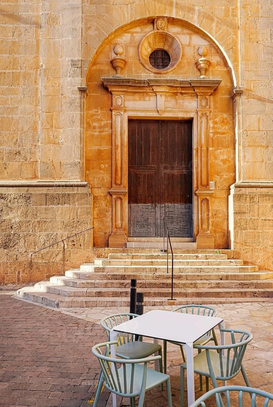 Gate at the Sant Andreu church in the old town of Santanyi, Majorca, Balearic Islands, Spain