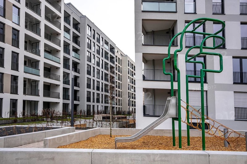 Newly completed apartments, 2026, LEG, in the southern quarter of Essen, so-called Literatur Quartier, on Friedrichstraße, 236 apartments are spread over 3 buildings, six to eight floors, with underground parking, playground and roof garden, 52 apartments are publicly funded social housing, a total of 18, 000 m² of living space, heated with district heating, Essen, North Rhine-Westphalia, Germany