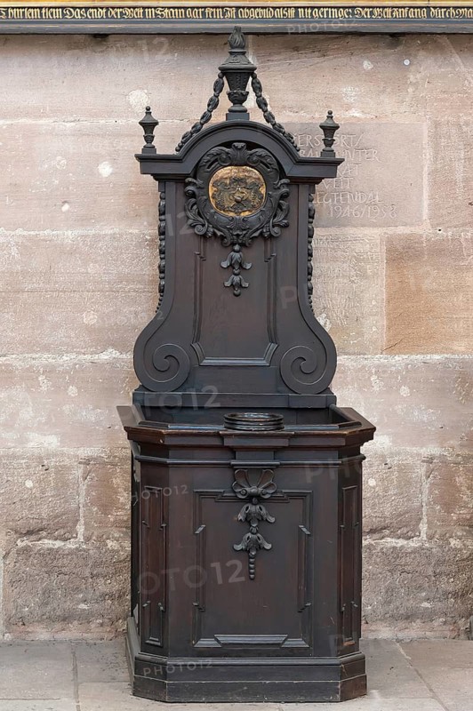 Craftsman's chair or alms chair from 1738, the Drechsler Guild, Sebaldus Church, Nuremberg, Middle Franconia, Bavaria, Germany