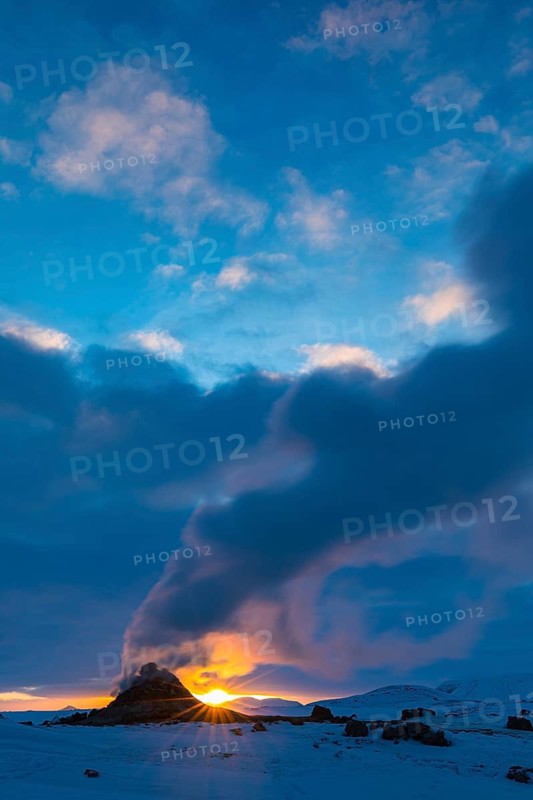 Mud pot with steam source at sunrise, Hverir solfataras field, fumaroles, snow-covered geothermal area, Northern Iceland Eyestra, Iceland