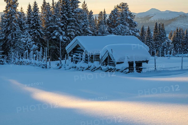 Snowy mountain huts, Övre Kvebergsvangan, Alvdal, Hedmark, Innlandet, Norway, January 2026