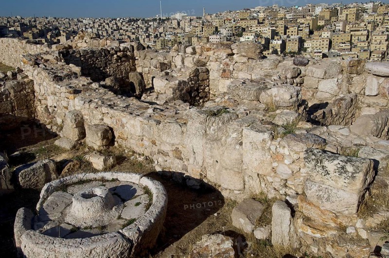 Archaeological ruins part of ancient civilisations that occupied the site of the Amman Citadel on one of the 7 hills of the Jordanian capital, Amman, Middle East